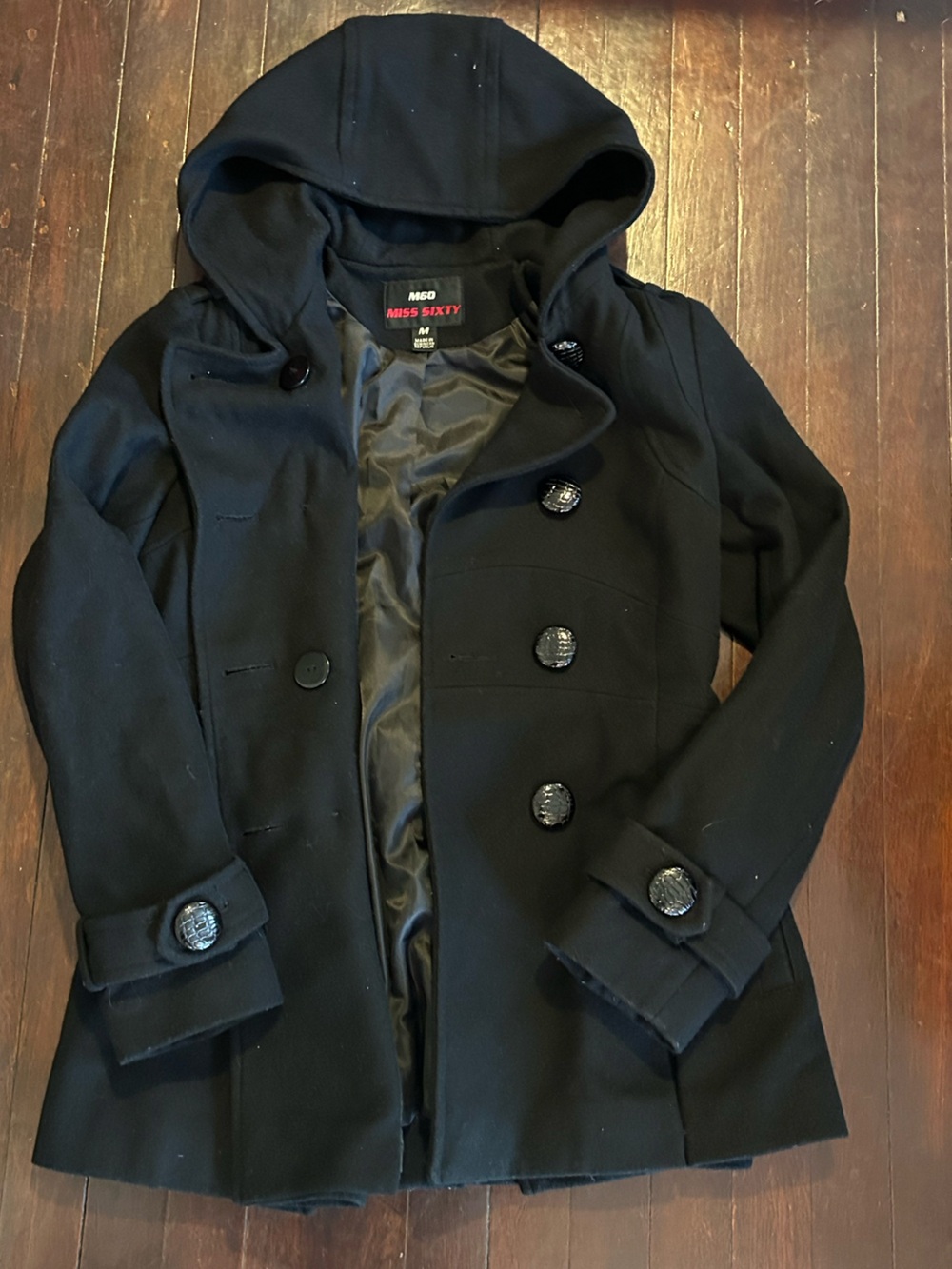 Miss Sixty M60 Women's Black Hooded Double Breasted Belted Pea Coat M